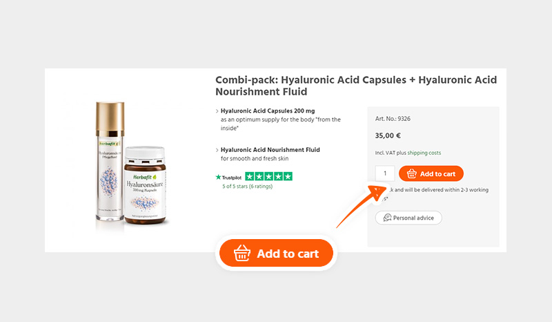 Place the required product into the shopping cart via this button.