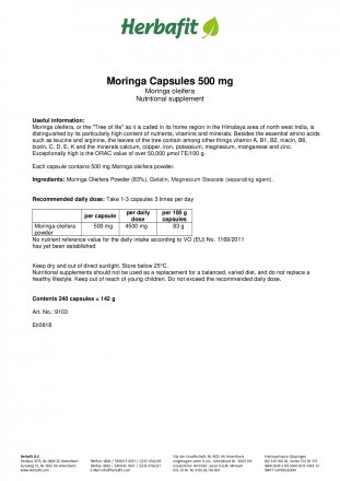 Moringa Capsules - Moringa oleifera 142 g