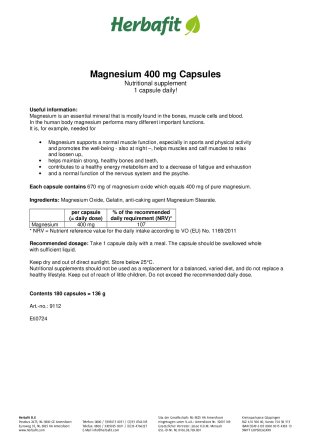 Magnesium 400 mg Capsules 138 g