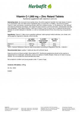 Vitamin C-1,000 mg + Zinc Retard Tablets 180 tablets